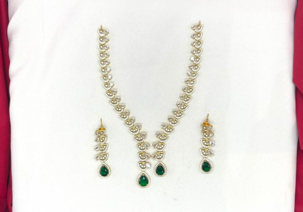 Emerald polki Green with American Diamond Drop Short Necklace