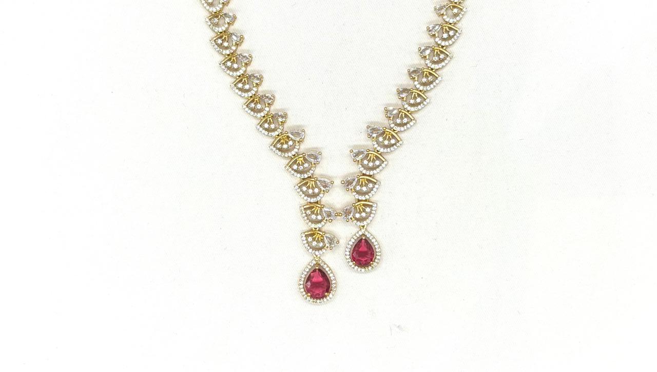 Emerald polki Red with American Diamond Drop Short Necklace