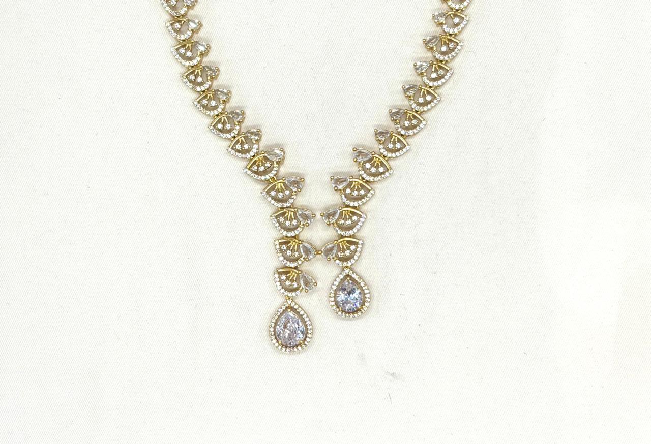 Emerald polki White with American Diamond Drop Short Necklace