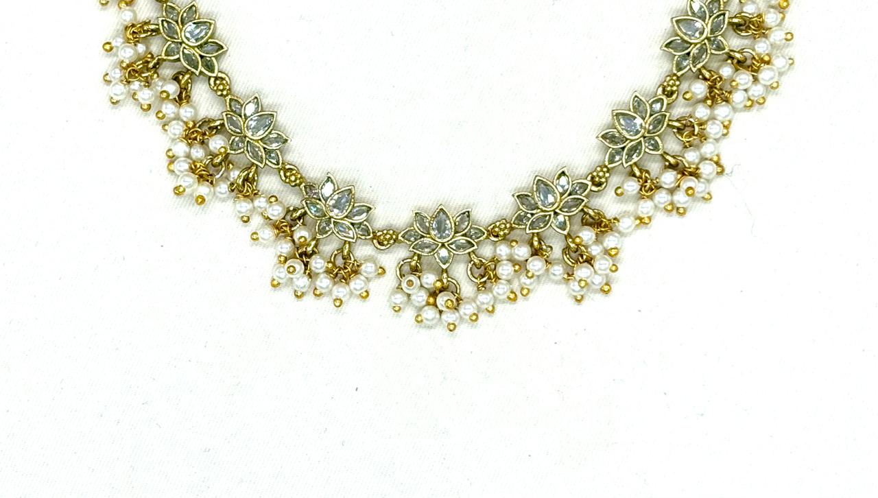 White stones Lotus with pearls Short Necklace