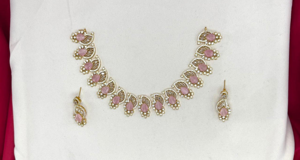 matte finishing American diamond and Bbay-pink stone short Necklace