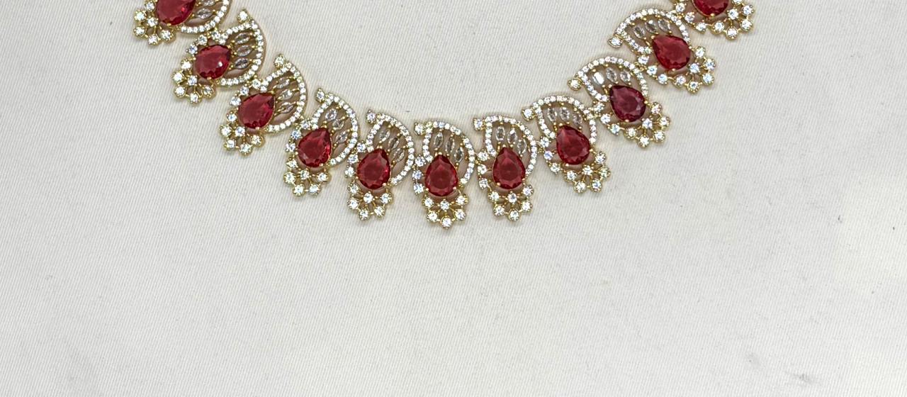 matte finishing American diamond and Red stone short Necklace
