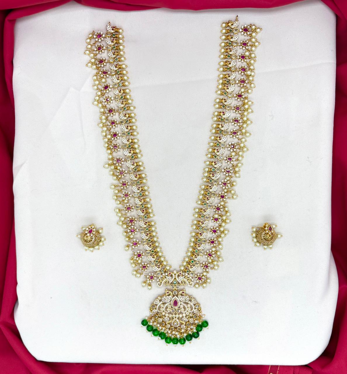 Matte finishing Peacock designed with white pearls Long Necklace