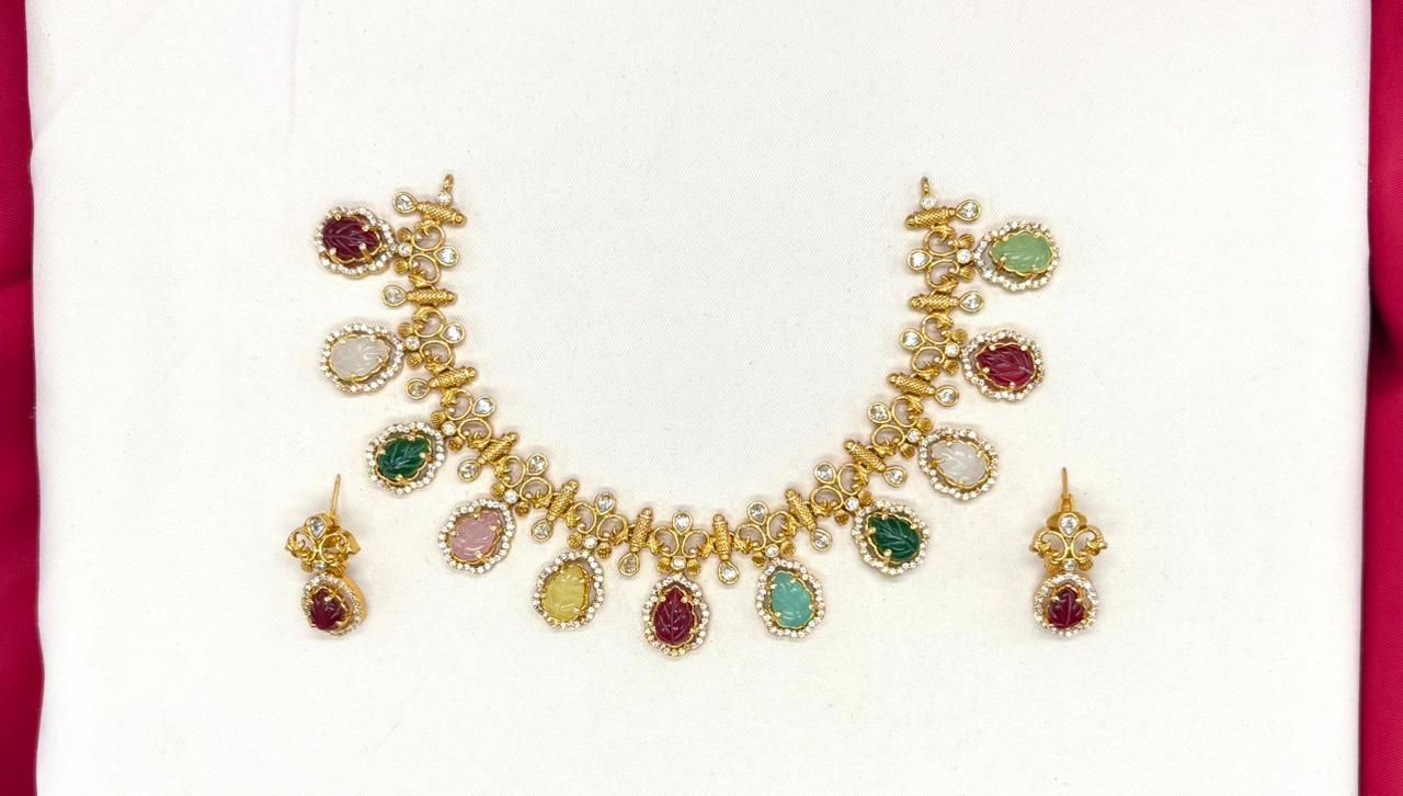 Matte finishing American Diamond with Multi-colour Stone Short Necklace