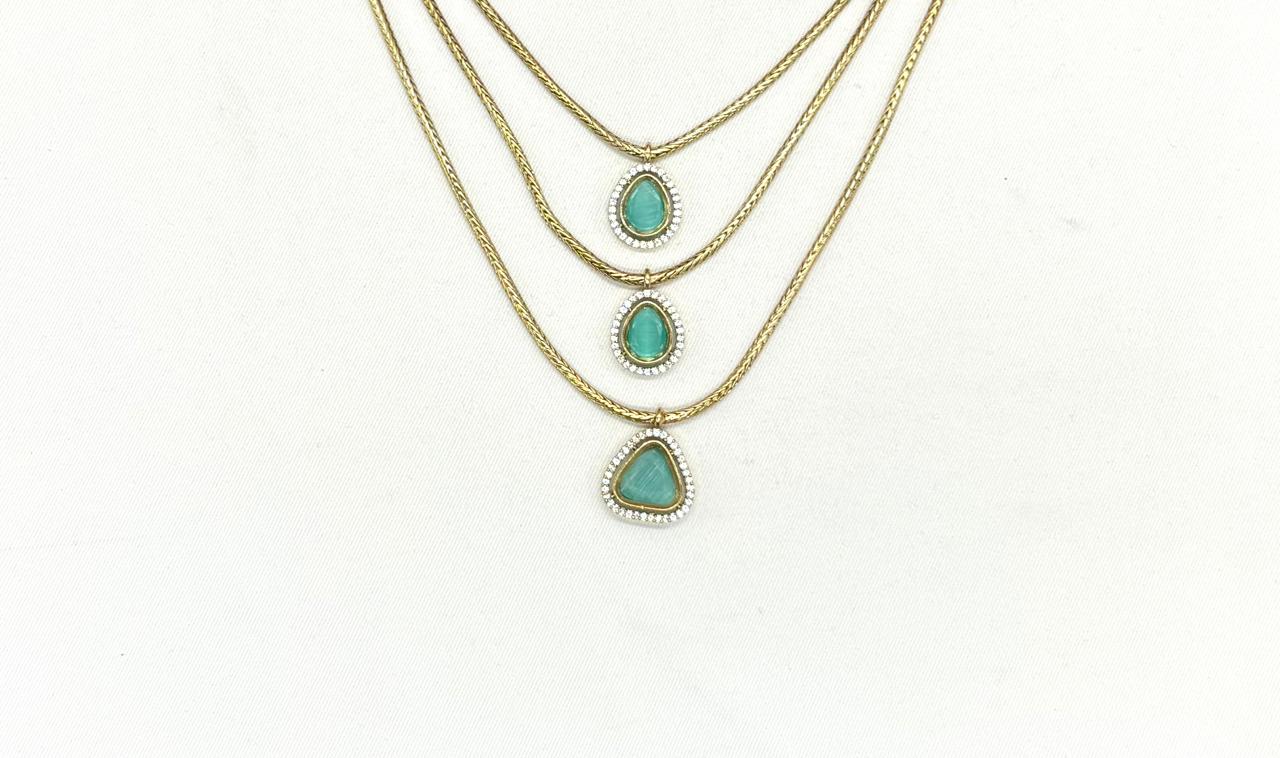 Premium Three layered AD Stones With Mint-green stone Necklace