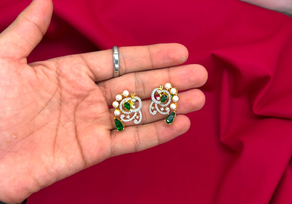 G.J polishing Beautifully designed peacock with green stone Short Necklace
