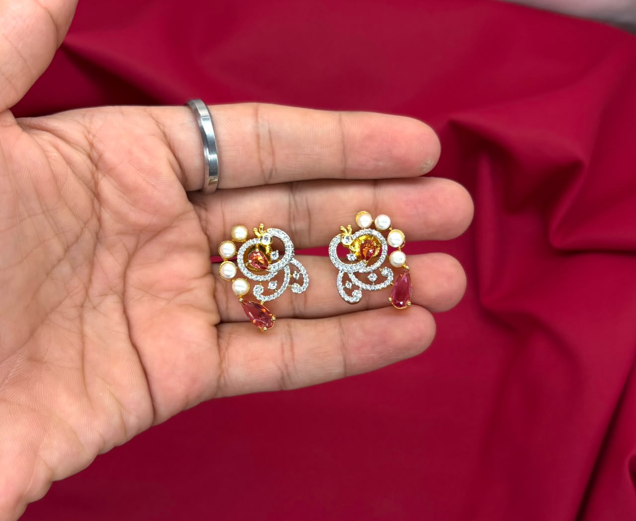 G.J polishing Beautifully designed peacock with Red stone Short Necklace