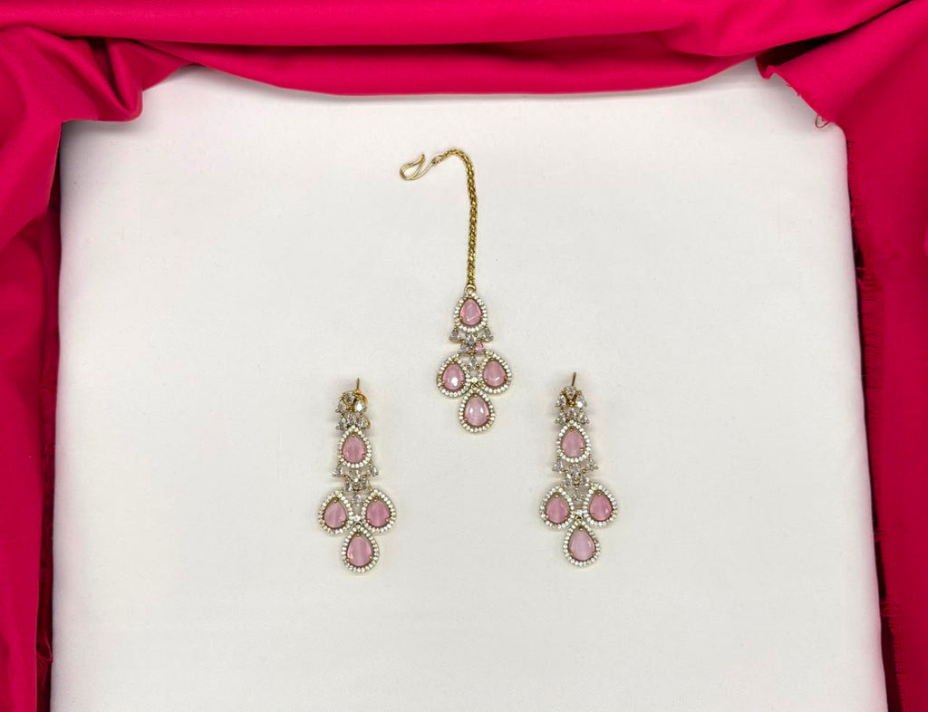 Emerald Baby-pink and Cubic Zirconia Bridal Necklace Set with Earrings and Maang Tikka