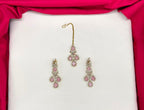 Emerald Baby-pink and Cubic Zirconia Bridal Necklace Set with Earrings and Maang Tikka