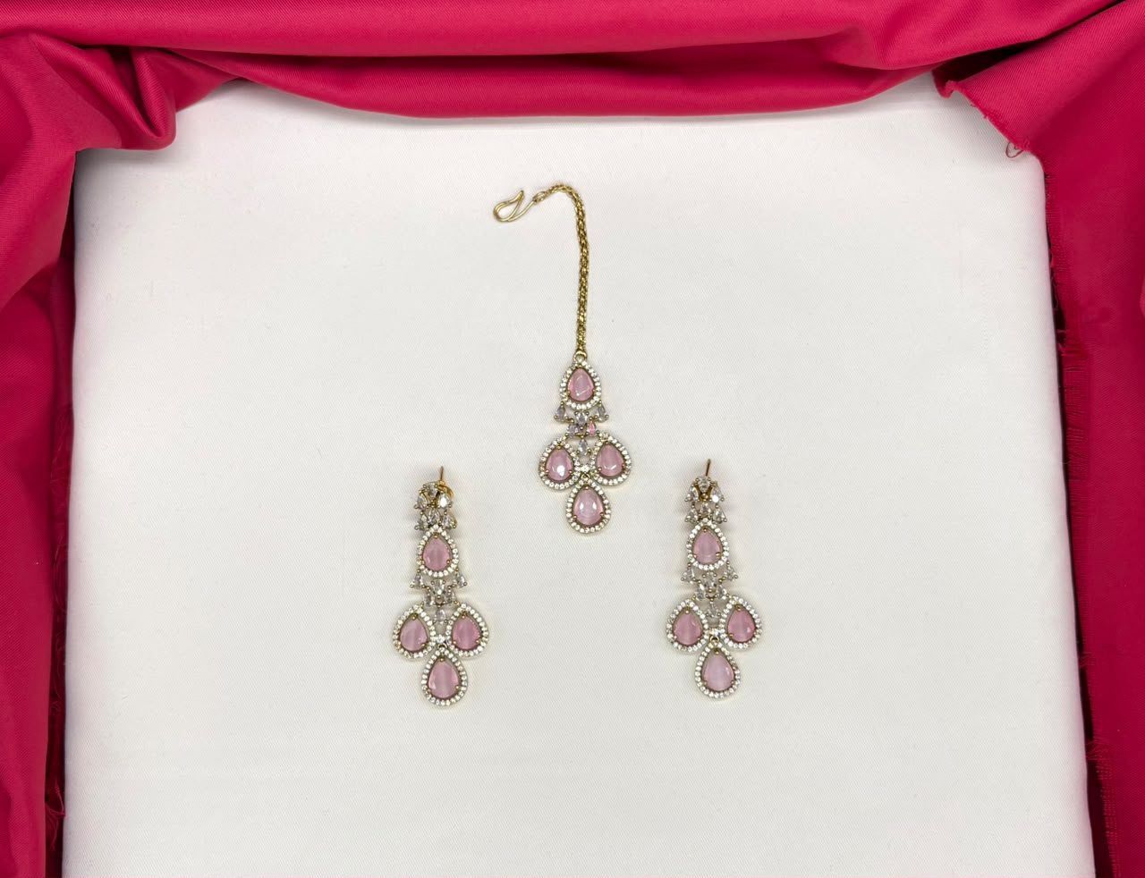 Emerald Baby-pink and Cubic Zirconia Bridal Necklace Set with Earrings and Maang Tikka