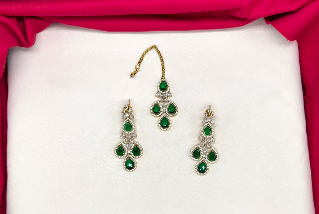 Emerald Green and Cubic Zirconia Bridal Necklace Set with Earrings and Maang Tikka