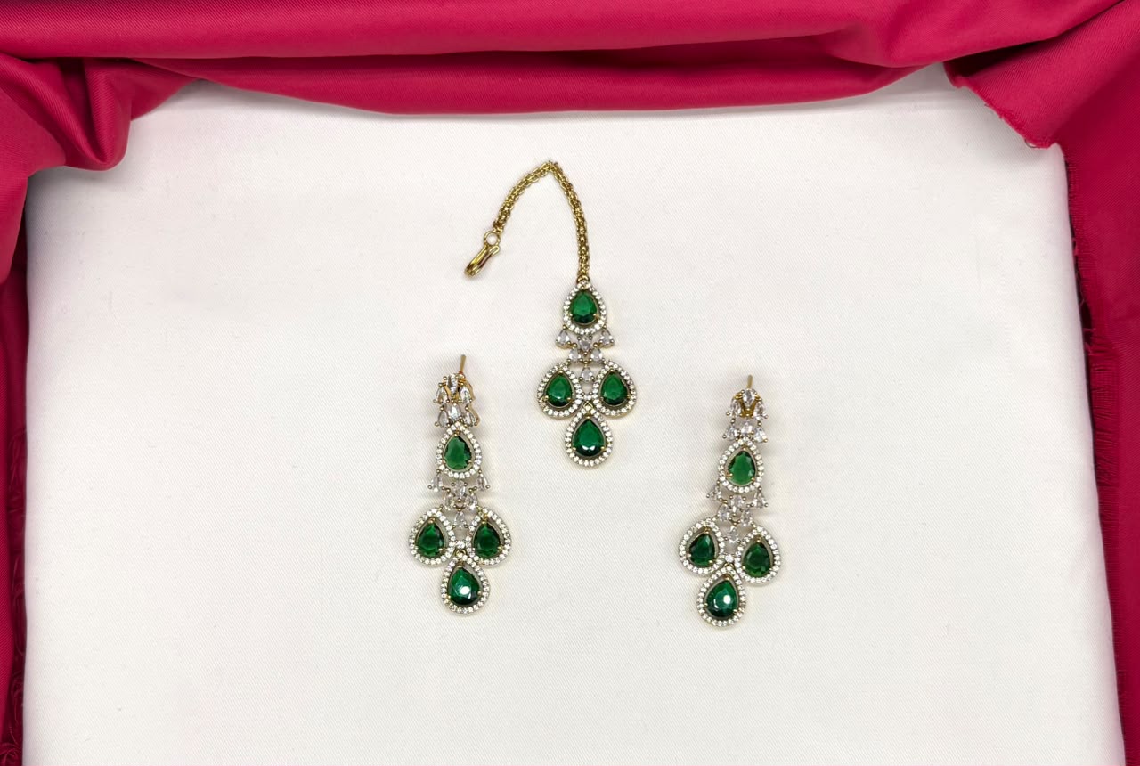 Emerald Green and Cubic Zirconia Bridal Necklace Set with Earrings and Maang Tikka