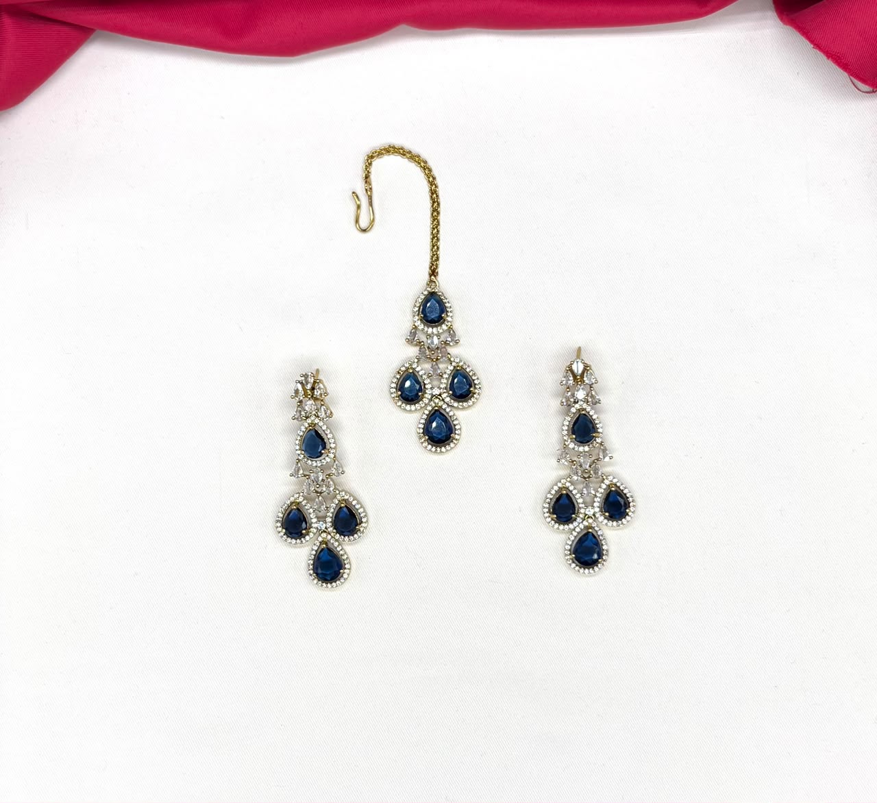 Emerald Blue and Cubic Zirconia Bridal Necklace Set with Earrings and Maang Tikka