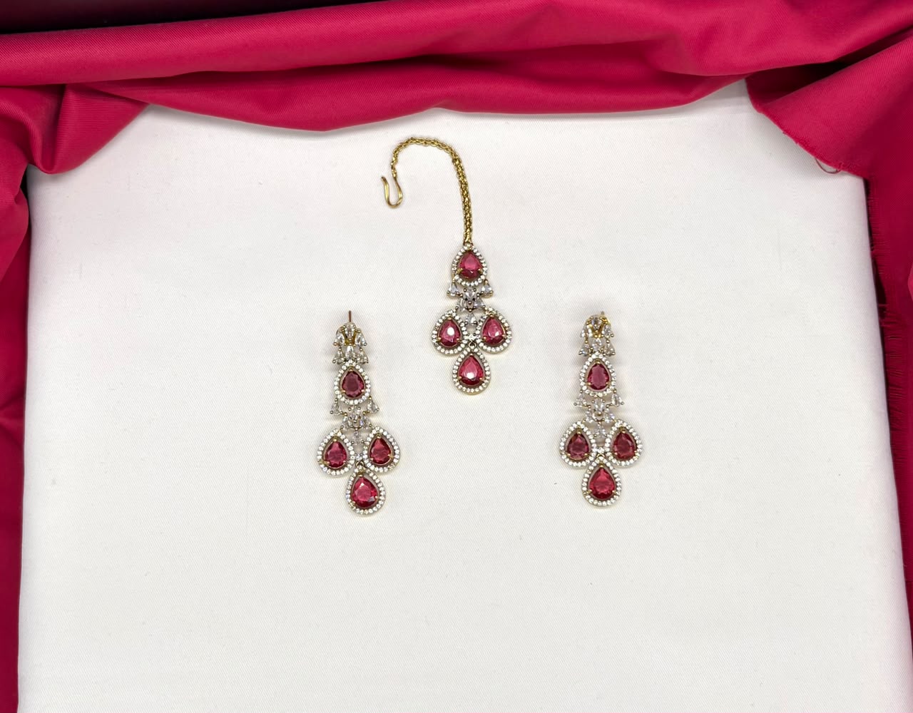 Emerald Red and Cubic Zirconia Bridal Necklace Set with Earrings and Maang Tikka