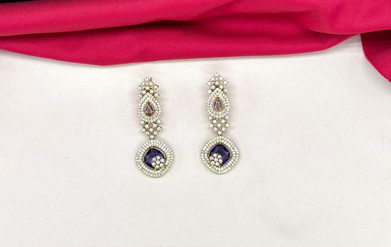 American Diamond Cubic Zirconia With Blue stone Short Necklace