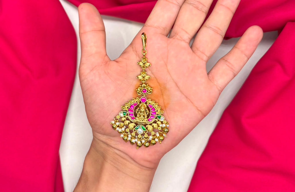 Jadau Kundan finishing with Lord Lakshmi Design with golden balls Maang Tikka