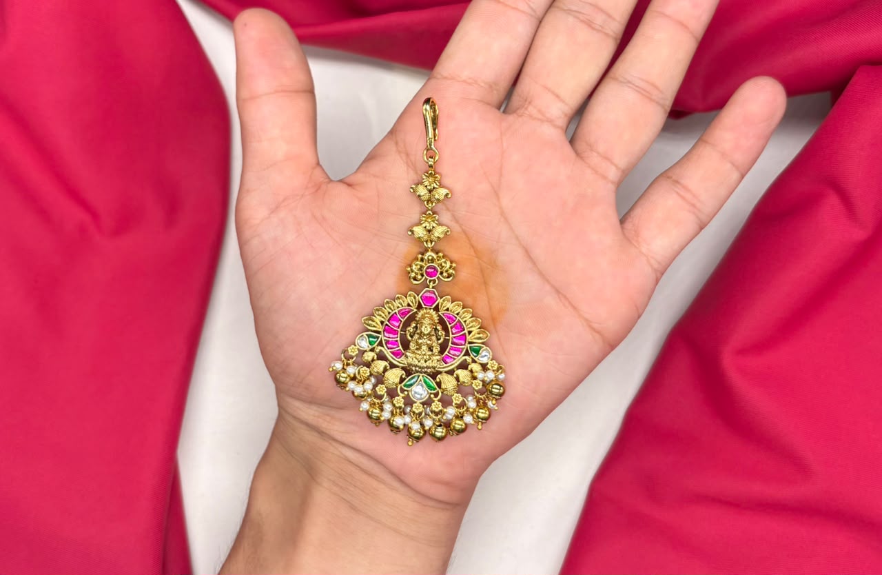 Jadau Kundan finishing with Lord Lakshmi Design with golden balls Maang Tikka