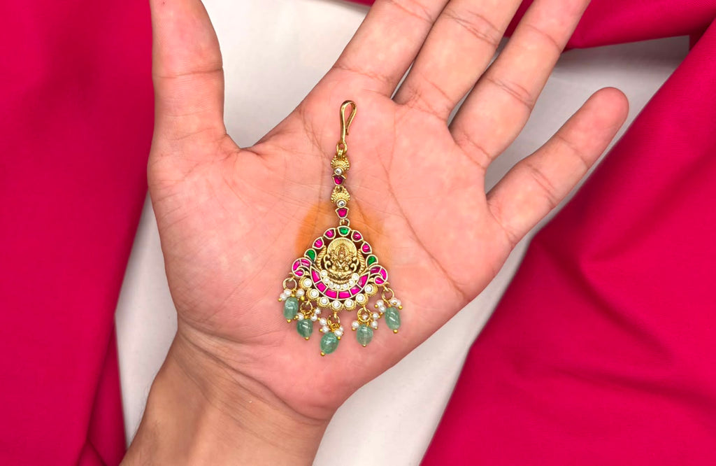 Jadau Kundan finishing with pink stones lord lakshmi Maang Tikk