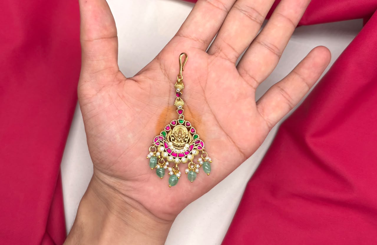 Jadau Kundan finishing with pink stones lord lakshmi Maang Tikk