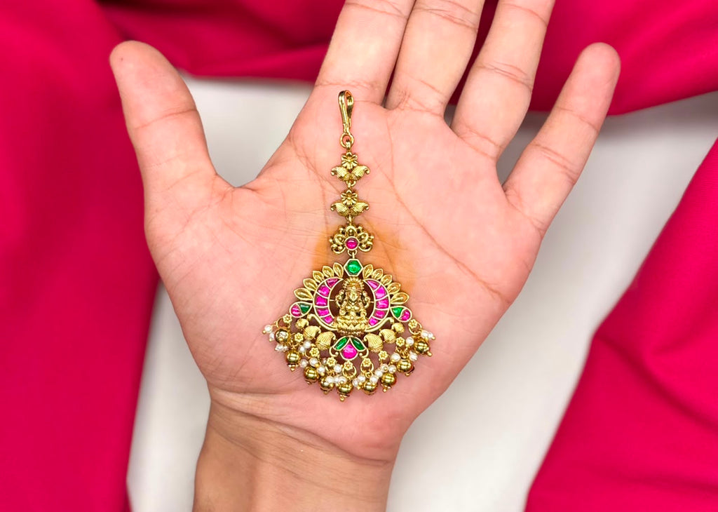 Jadau Kundan finishing with pink & green stones lord lakshmi Maang Tikka