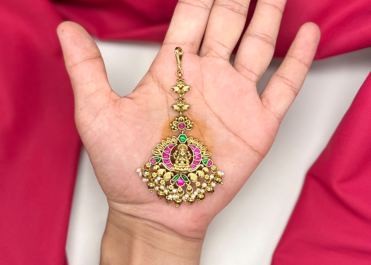 Jadau Kundan finishing with pink & green stones lord lakshmi Maang Tikka
