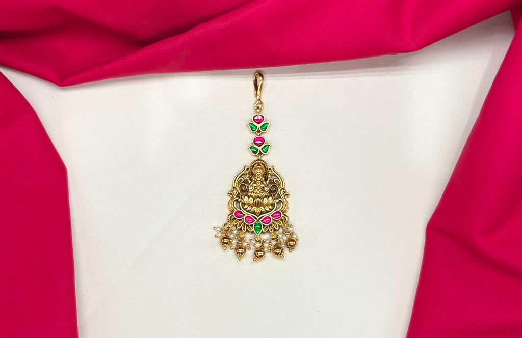 Jadau Kundan finishing Golden Balls lord Lakshmi Maang Tikka