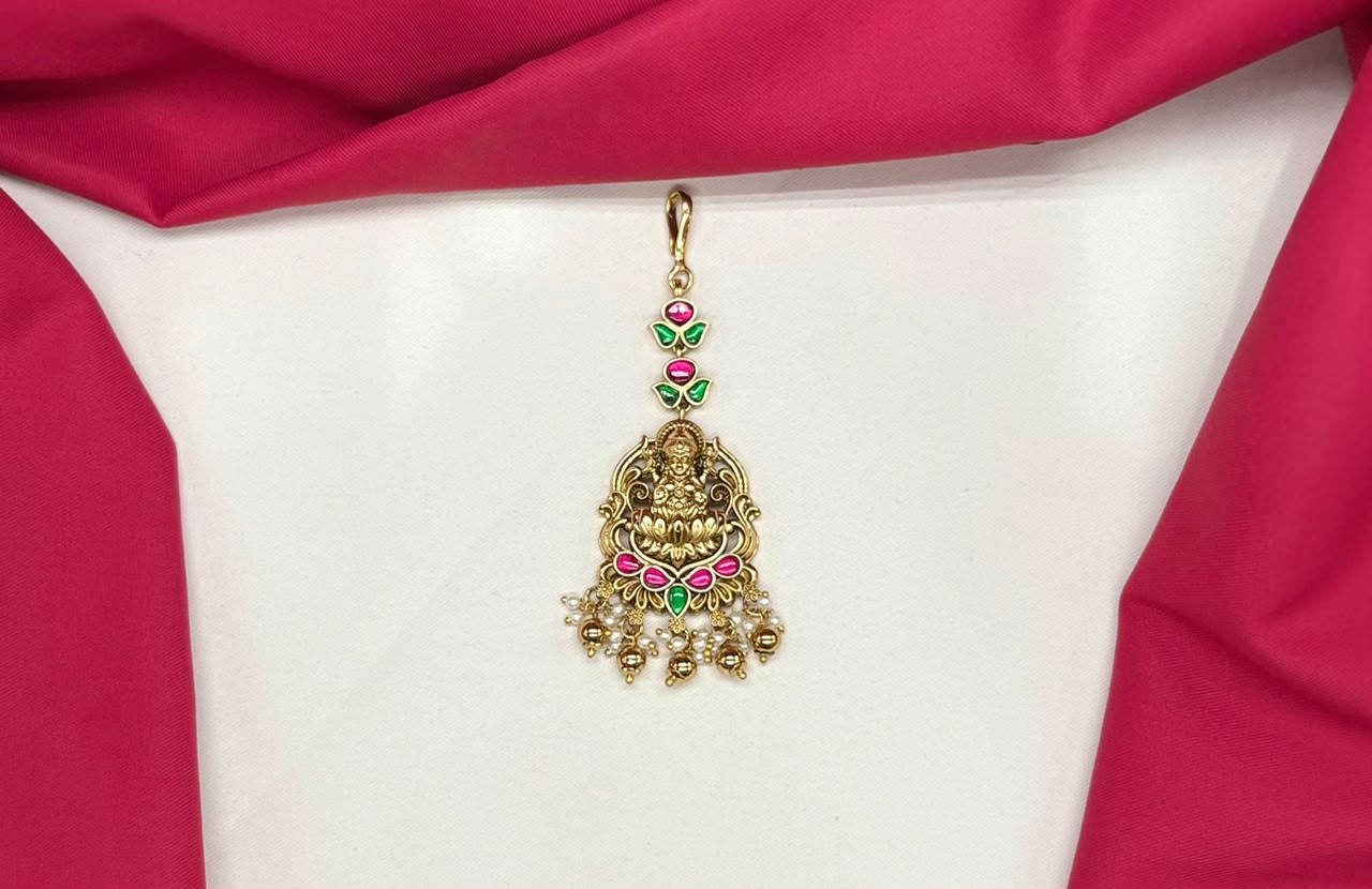 Jadau Kundan finishing Golden Balls lord Lakshmi Maang Tikka