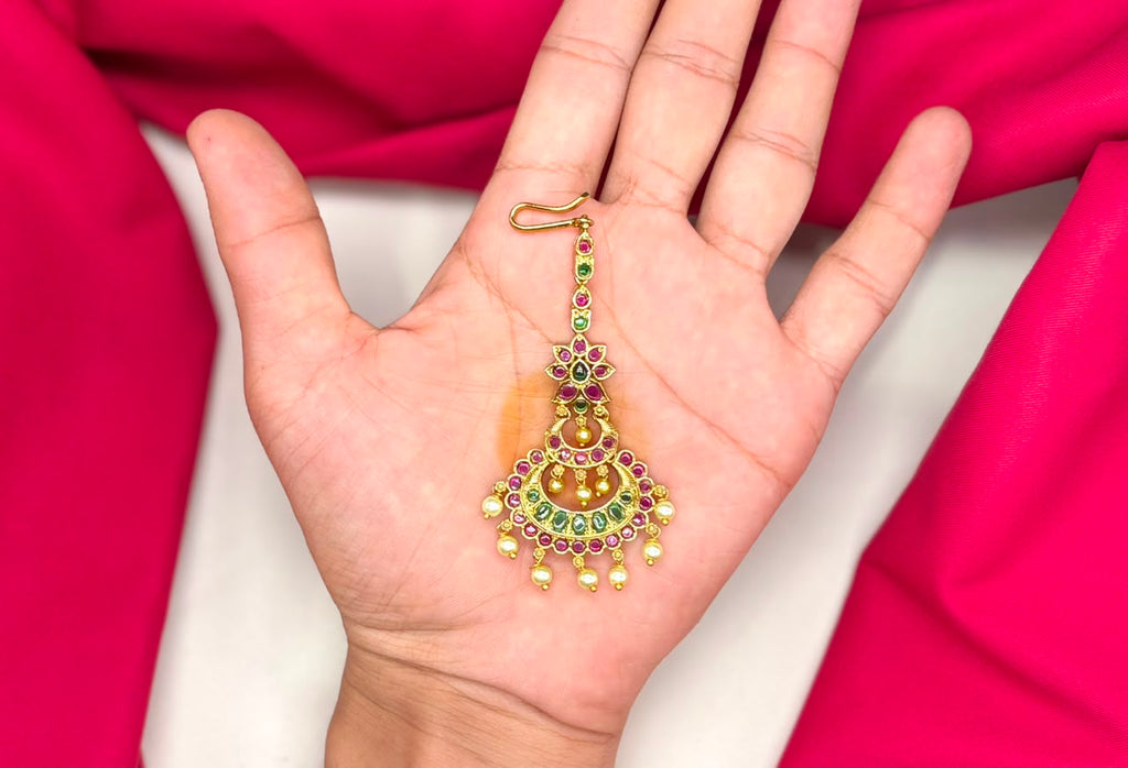Jadau Kundan finishing Floral design with pearls  Maang Tikka