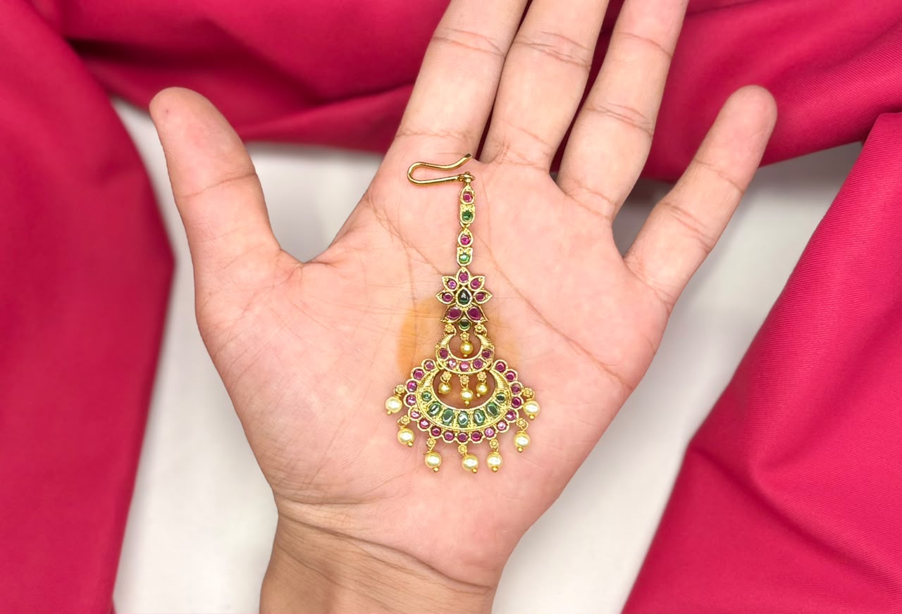 Jadau Kundan finishing Floral design with pearls  Maang Tikka