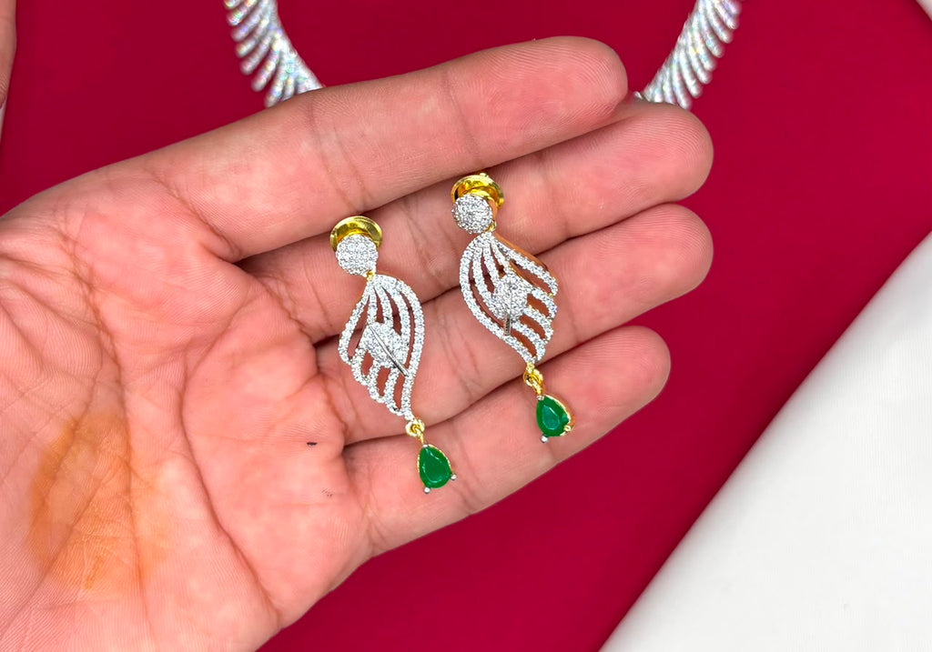 G.J finishing features rhodium with Green drop stones cubic zirconia short Necklace