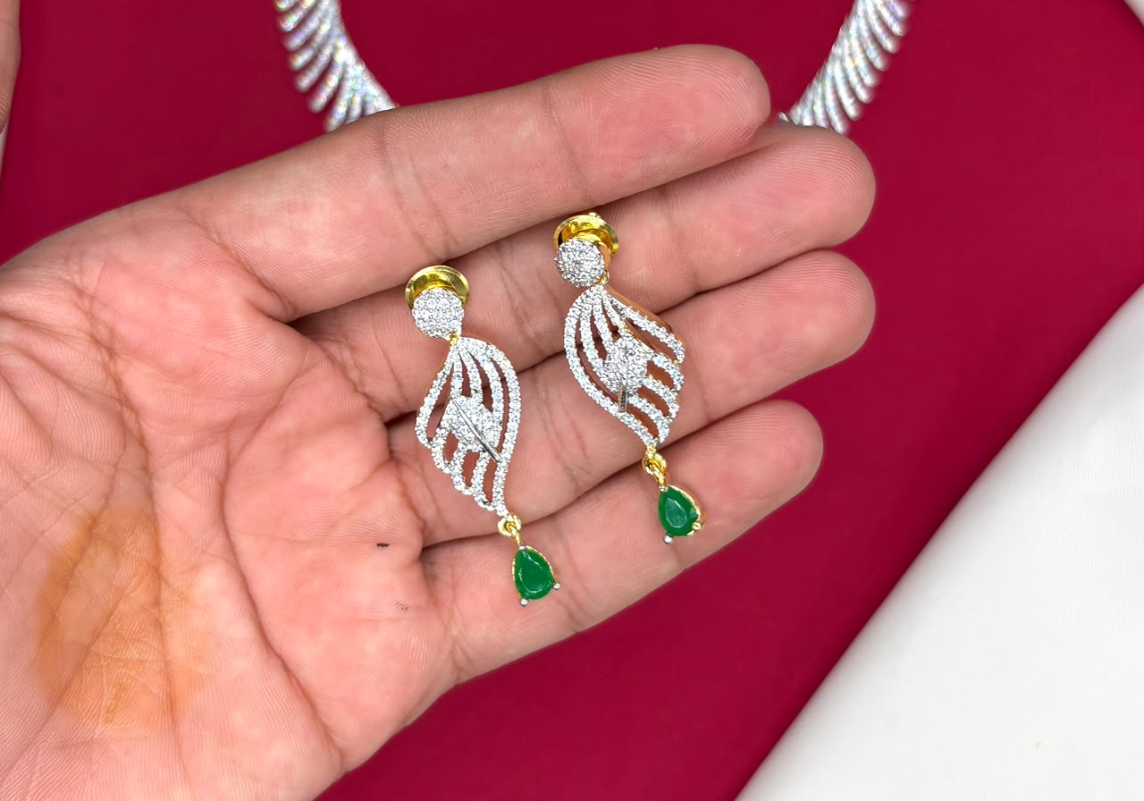 G.J finishing features rhodium with Green drop stones cubic zirconia short Necklace