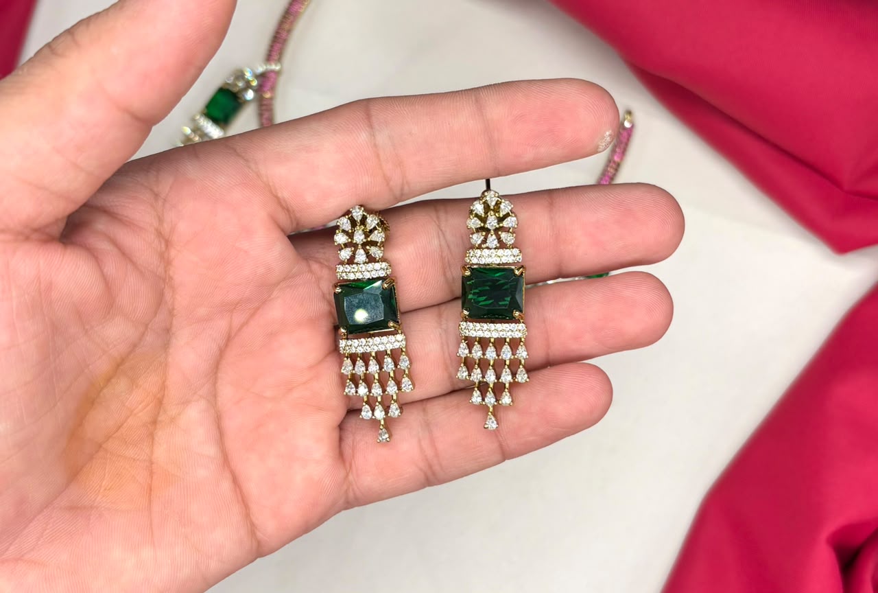 Geometric Victorian green and pink stones with American Diamonds Necklace