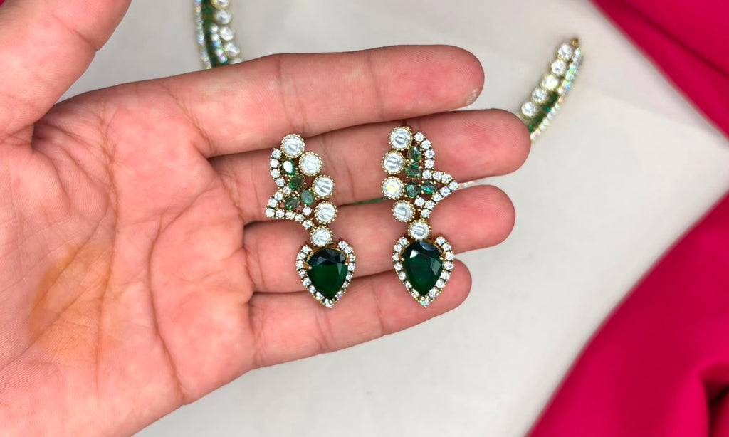 Premium emerald green stones American Diamond V-shaped design Necklace