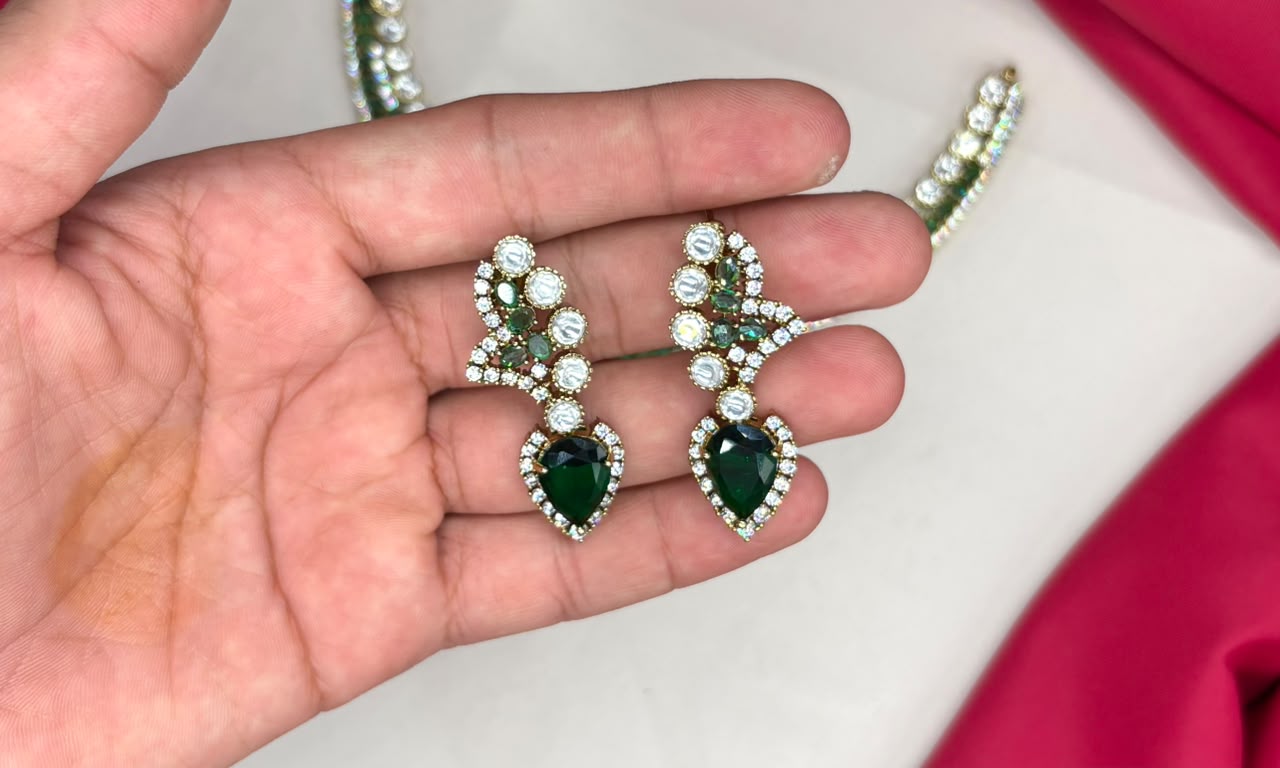 Premium emerald green stones American Diamond V-shaped design Necklace