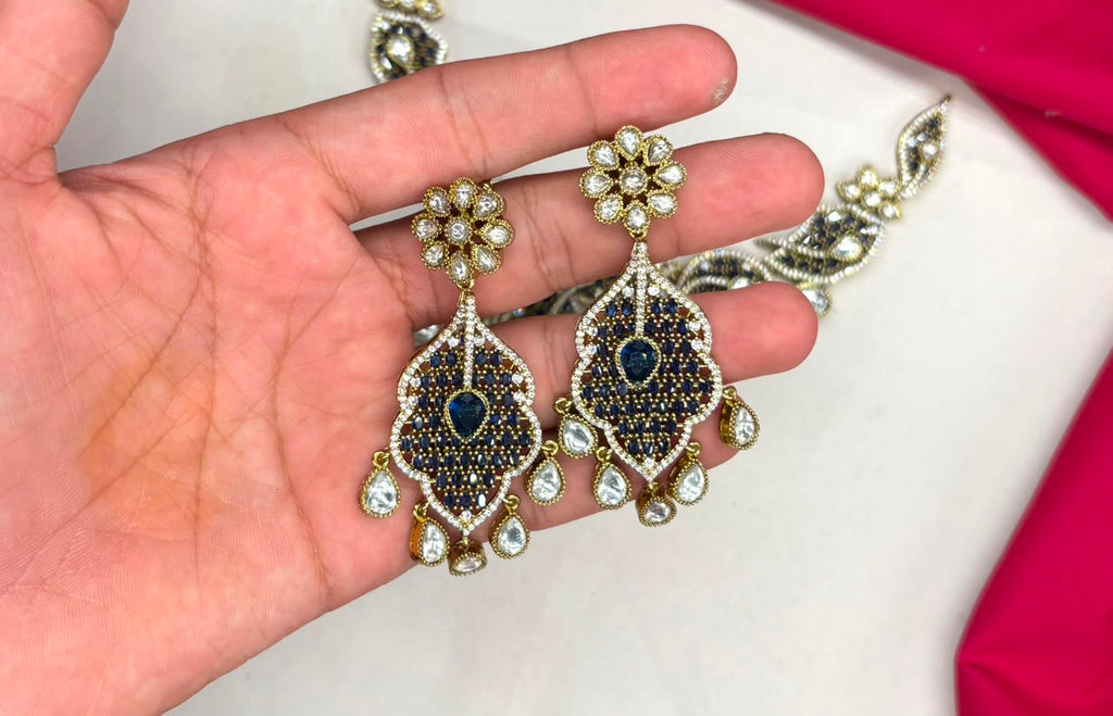 Premium Victorian AD kundan with small Royal-Blue uncut diamond cubic zirconia Short Necklace