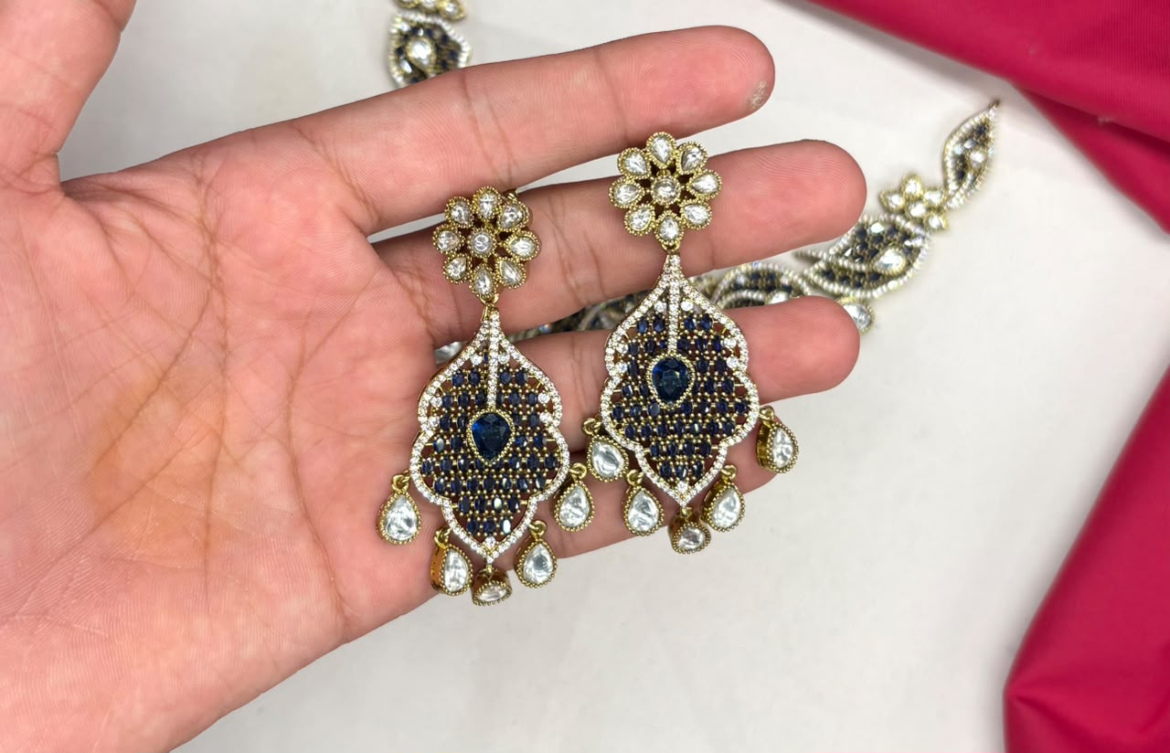 Premium Victorian AD kundan with small Royal-Blue uncut diamond cubic zirconia Short Necklace