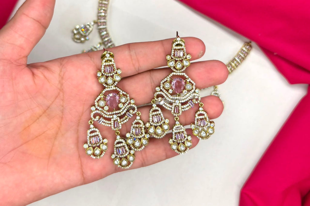 Premium Victorian finish features baby-pink CZ stones floral design Necklace