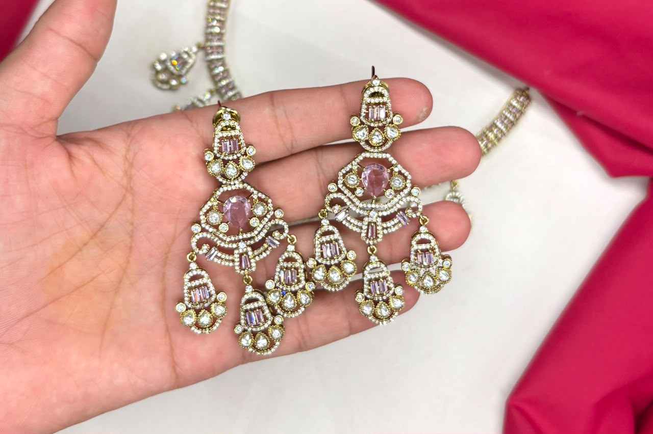 Premium Victorian finish features baby-pink CZ stones floral design Necklace