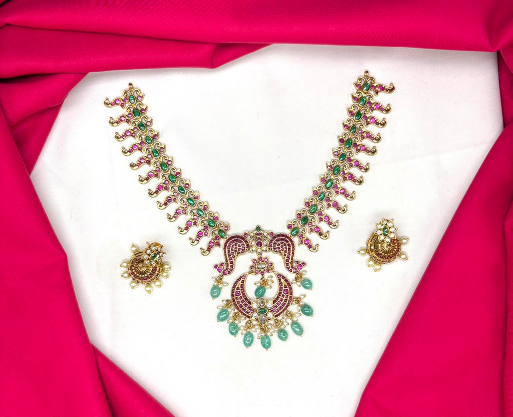 premium Jadau Kundan with kmepu stones drop Green Beads short Necklace