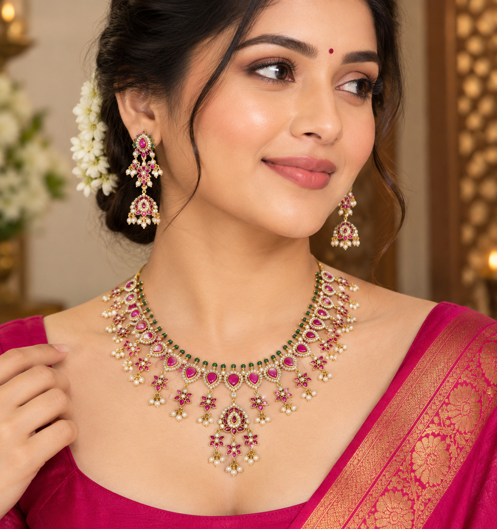 Jadau Rani pink With Kempu Stones drop flower Short Necklace