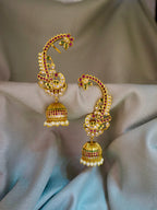 Antique Gold Peacock full Ear Cuff Jhumkas (Kaan Chains / Devasena Style Ear Cuffs).