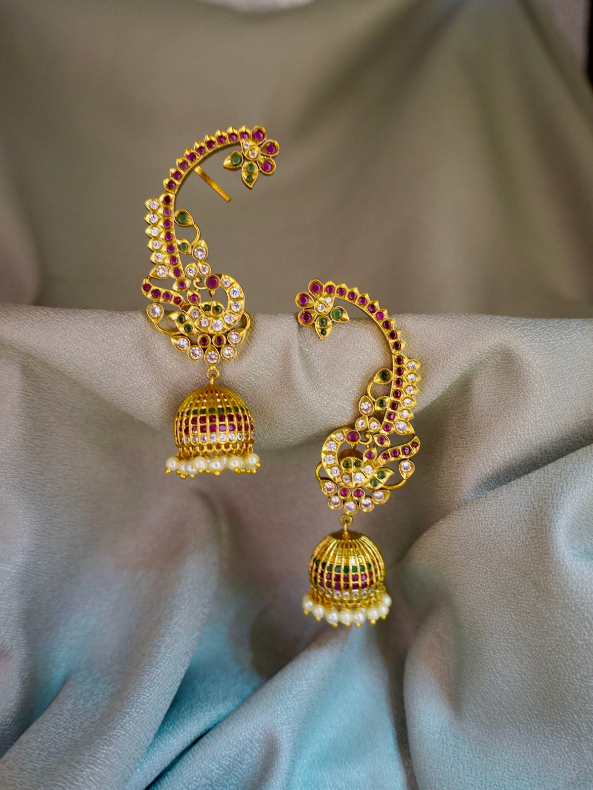 Antique Gold Peacock full Ear Cuff Jhumkas (Kaan Chains / Devasena Style Ear Cuffs).
