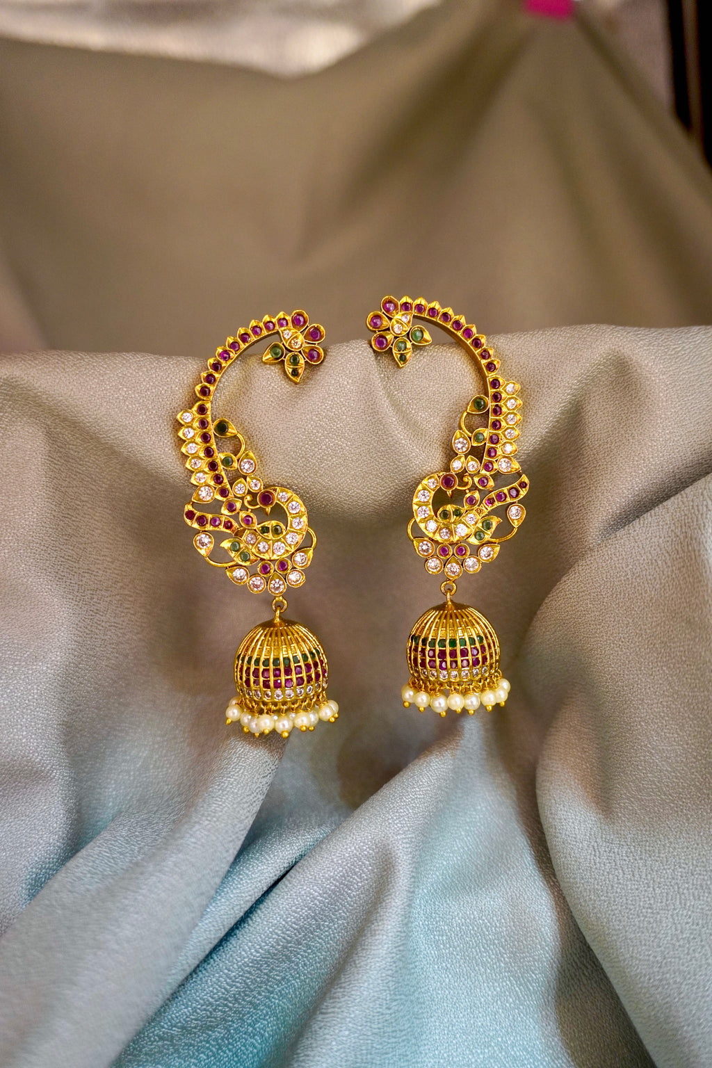 Antique Gold Peacock full Ear Cuff Jhumkas (Kaan Chains / Devasena Style Ear Cuffs).