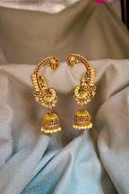 Antique Gold Peacock full Ear Cuff Jhumkas (Kaan Chains / Devasena Style Ear Cuffs).
