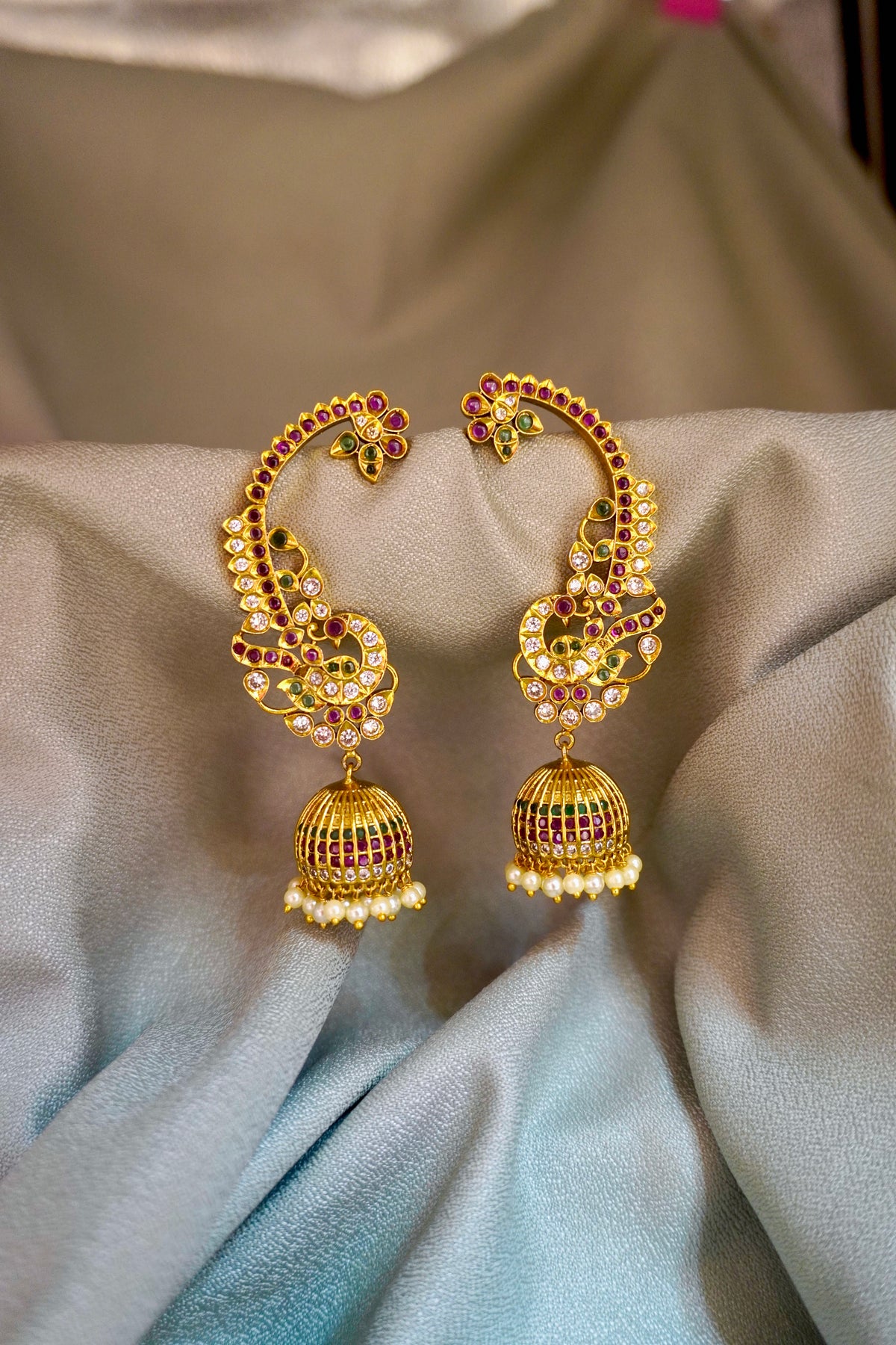 Antique Gold Peacock full Ear Cuff Jhumkas (Kaan Chains / Devasena Style Ear Cuffs).