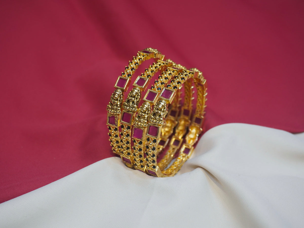 Elegant Black Bead & Ruby Stone Gold-Plated Bangle Set