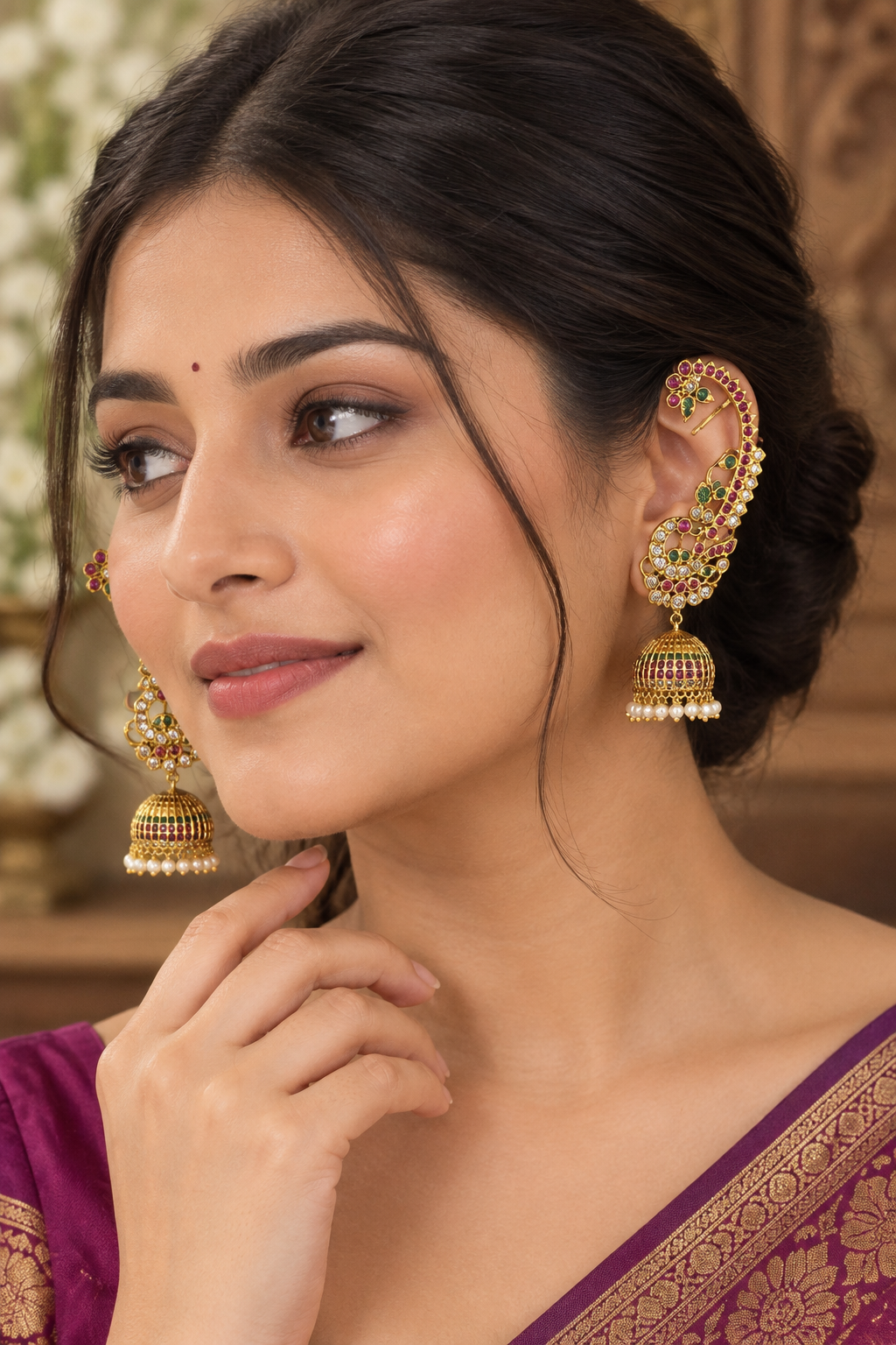 Antique Gold Peacock full Ear Cuff Jhumkas (Kaan Chains / Devasena Style Ear Cuffs).