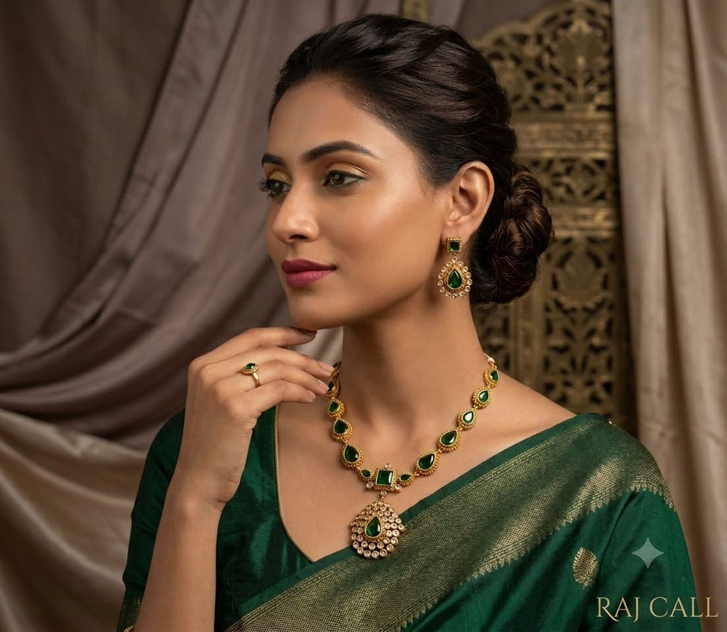 Matte finishing American Diamonds with Green stones short Necklace