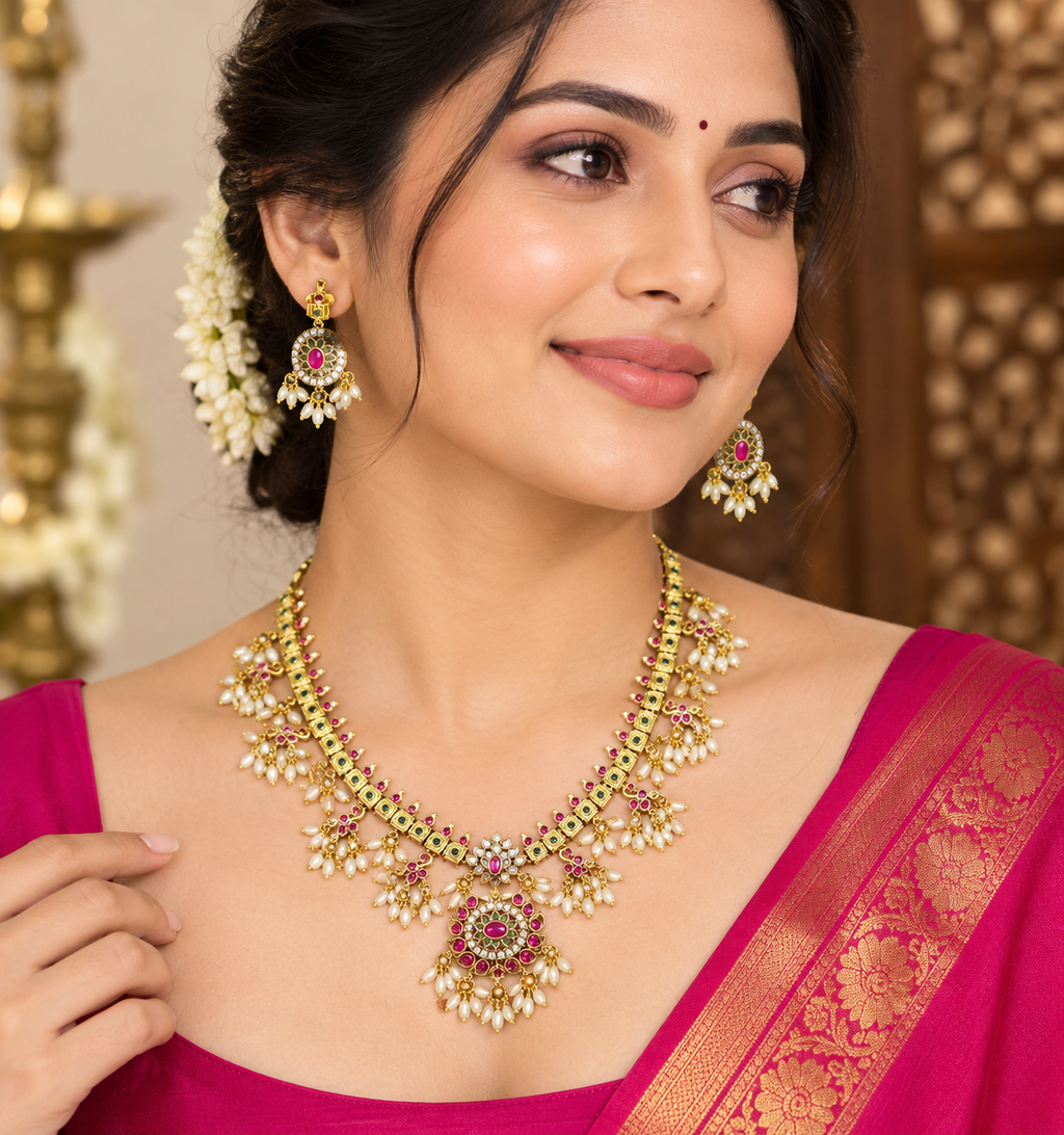 Matte finishing kempu stones with Rice pearls Short Neck;lace